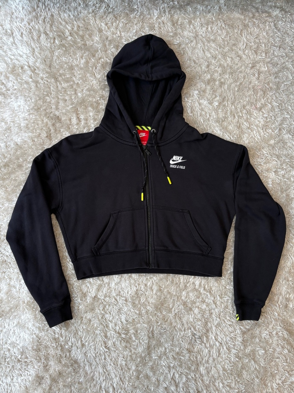 Nike Black Cropped Zip Hoodie with Yellow Accents - Women's